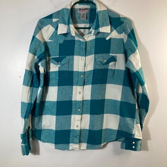 Girls Wrangler Wrancher Buffalo Check Flannel Snap Shirt Green White XL - Picture 1 of 6